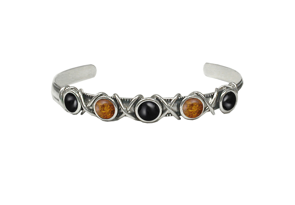 Sterling Silver Cuff Bracelet With Black Onyx And Amber